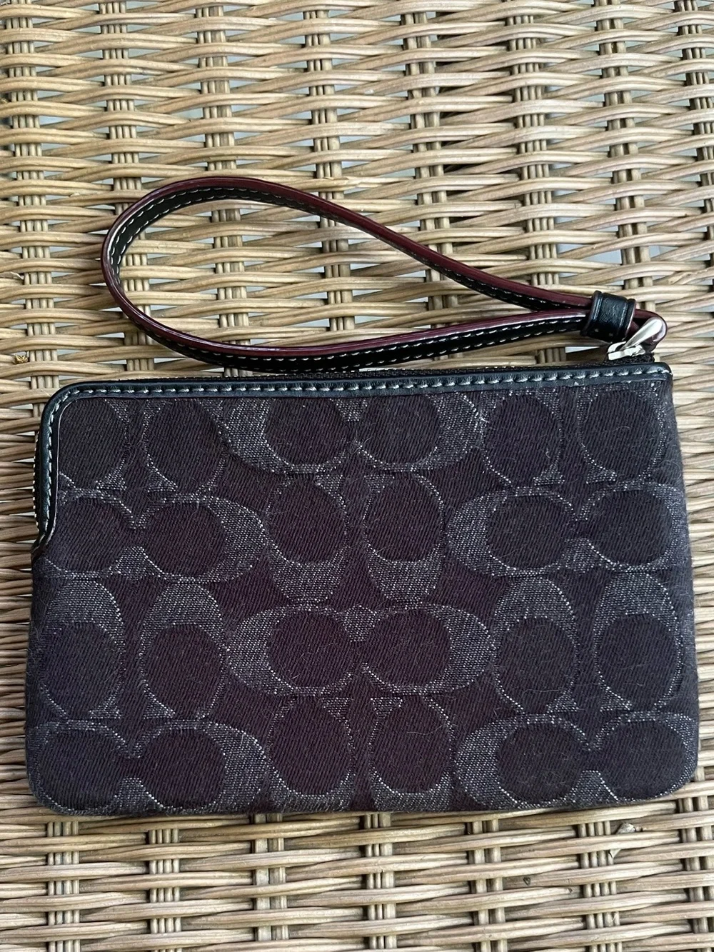 Coach Black Denim Wallet with a Deep Burgundy Lined Wristlet and Silver Hardware - Picture 2 of 4